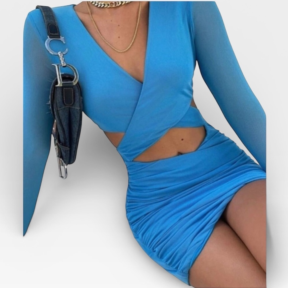 Tiger Mist Jossi Blue Mini Dress Size Small Cut-Out Sheer Long Sleeve Going Out